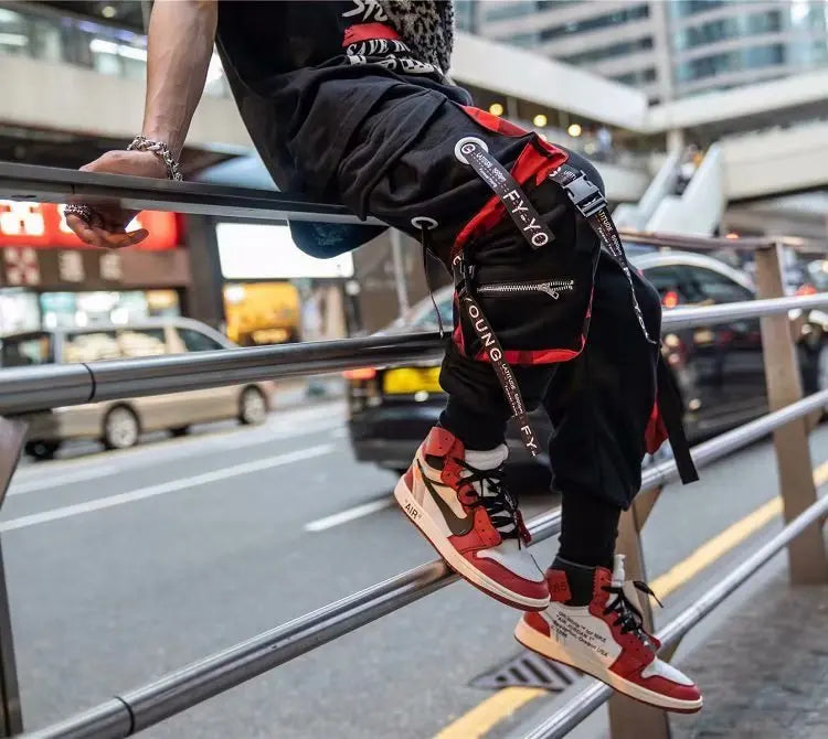 Men's Cargo Pants Casual Hip Hop Hit Color Multiple Pockets Trousers Streetwear Ribbons Techwear Sweatpants
