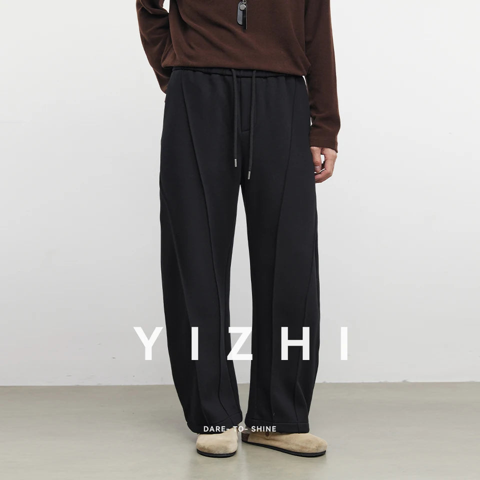 Fashion Men's Fleece Solid Color Straight Leg Sweatpants 2025 Autumn Winter New Loose Wide Leg Casual Sports Pants