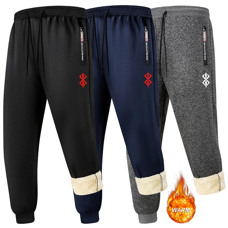 Graphic Print Thermal Plush Jogger Pants for Men Winter Sherpa Fleece Lined Sweatpants with Zipper Pockets Casual Cozy Trousers