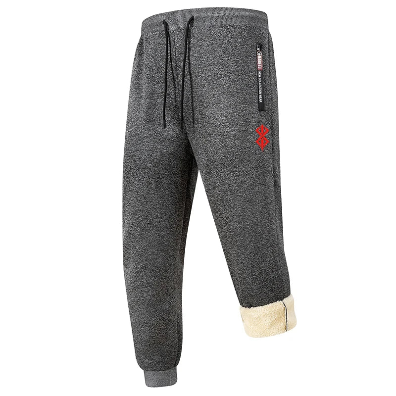 Graphic Print Thermal Plush Jogger Pants for Men Winter Sherpa Fleece Lined Sweatpants with Zipper Pockets Casual Cozy Trousers