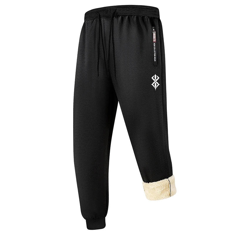 Graphic Print Thermal Plush Jogger Pants for Men Winter Sherpa Fleece Lined Sweatpants with Zipper Pockets Casual Cozy Trousers