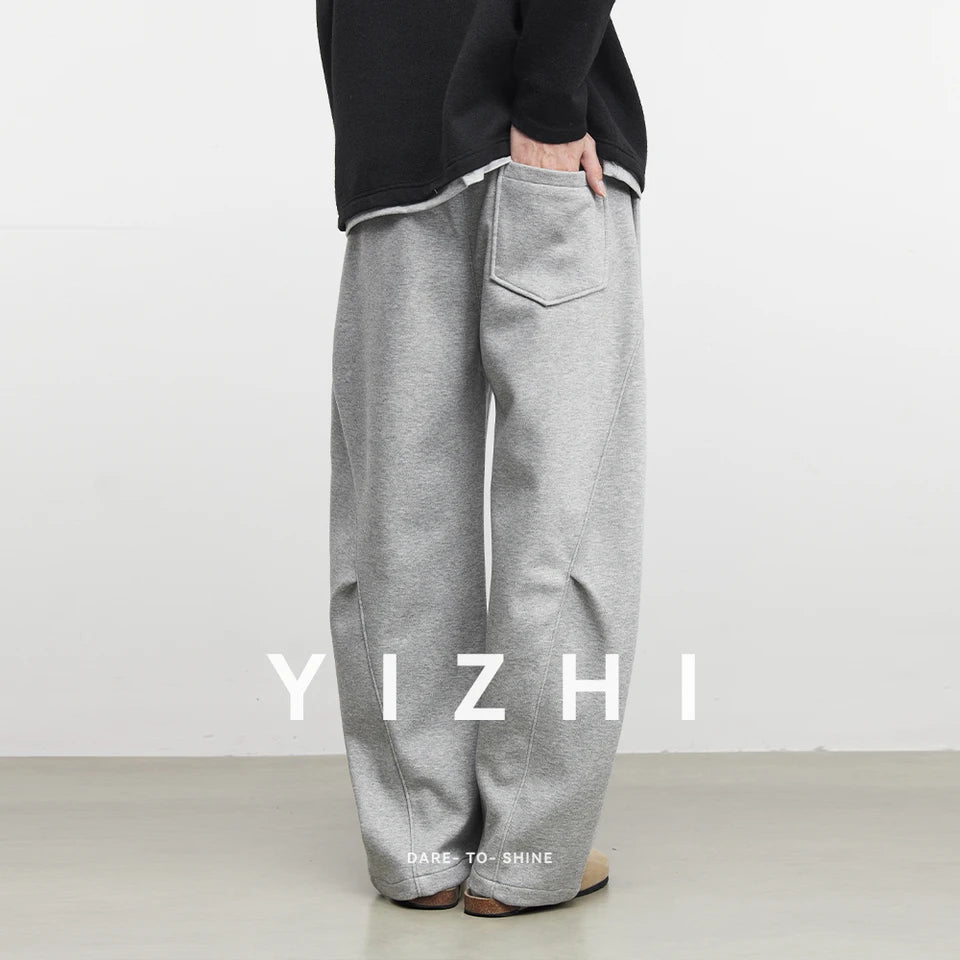 Fashion Men's Fleece Solid Color Straight Leg Sweatpants 2025 Autumn Winter New Loose Wide Leg Casual Sports Pants