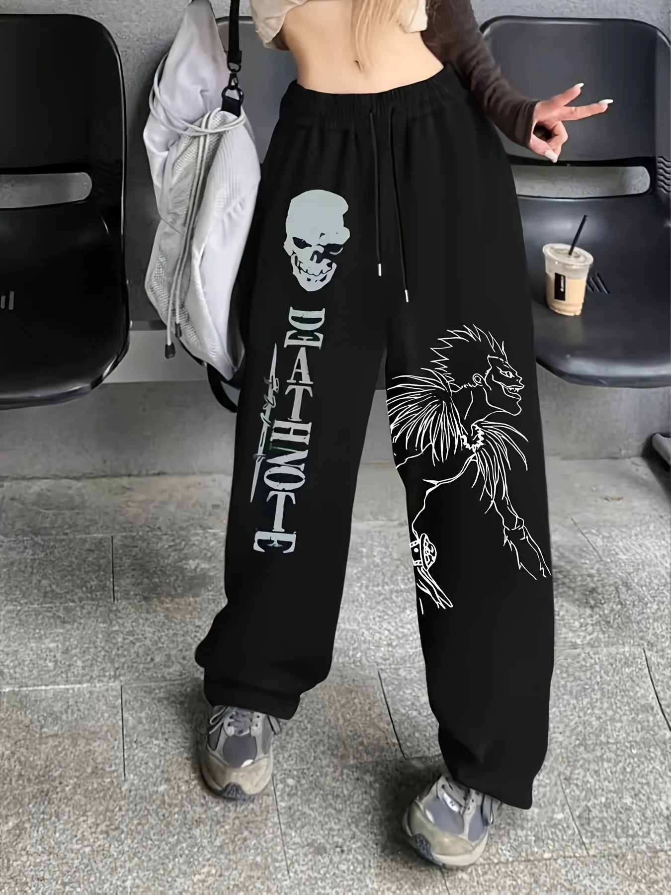 Gothic-style Death Note Pants - RYUK-inspired Anime Pattern Sweatpants, Elastic Belt Sportswear Pants, Street Wear Print Design