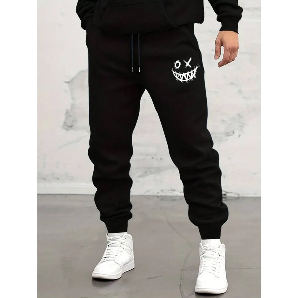 Men's Smiling Face Printed Drawstring Waist Pants for Rave Trendy Pattern Drawstring Sweatpants Casual Slightly Stretch Joggers