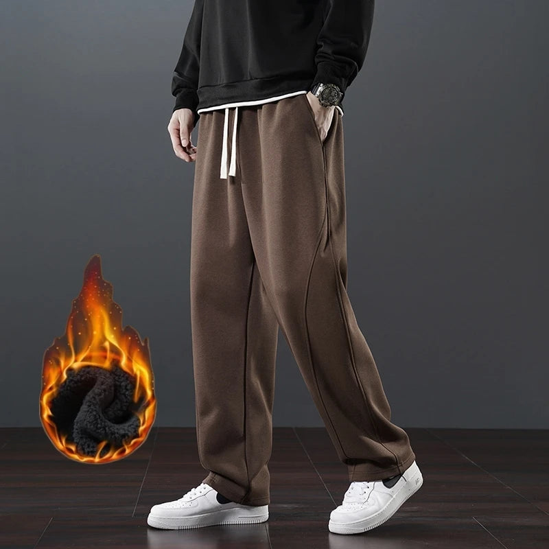Winter Velvet Lined Wide Leg Pants for Men Solid Color Straight Sweatpants Long Baggy Trousers Korean Fashion Home Sport Unisex