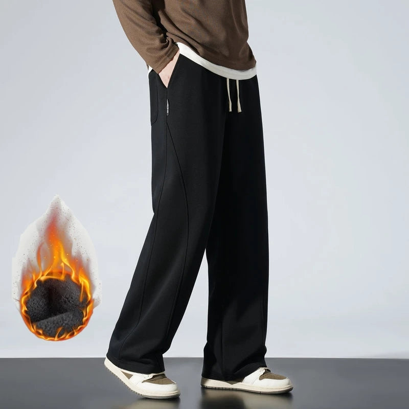 Winter Velvet Lined Wide Leg Pants for Men Solid Color Straight Sweatpants Long Baggy Trousers Korean Fashion Home Sport Unisex