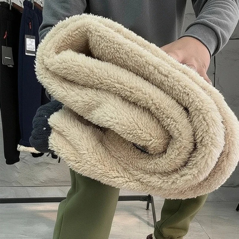Men's Warm Fleece Lined Trousers Winter Zipper Pockets Thickened Fleece Jogger Pants Men Outdoor Snow Cold Thermal Sweatpants