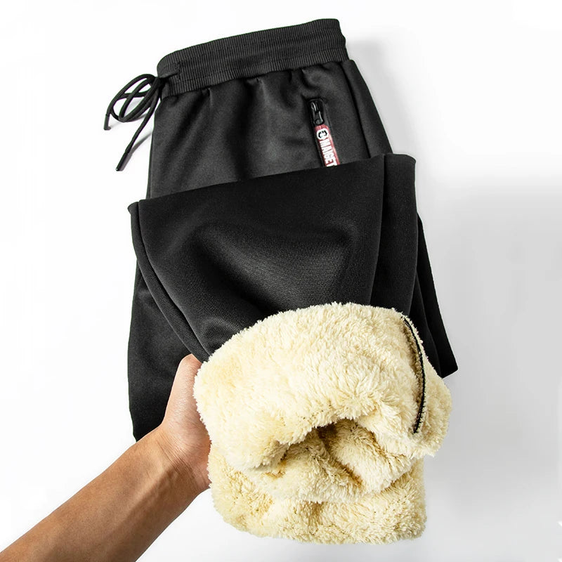 Graphic Print Thermal Plush Jogger Pants for Men Winter Sherpa Fleece Lined Sweatpants with Zipper Pockets Casual Cozy Trousers