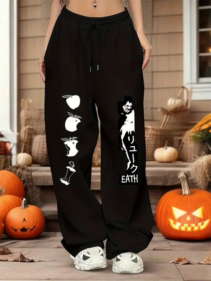 Gothic-style Death Note Pants - RYUK-inspired Anime Pattern Sweatpants, Elastic Belt Sportswear Pants, Street Wear Print Design