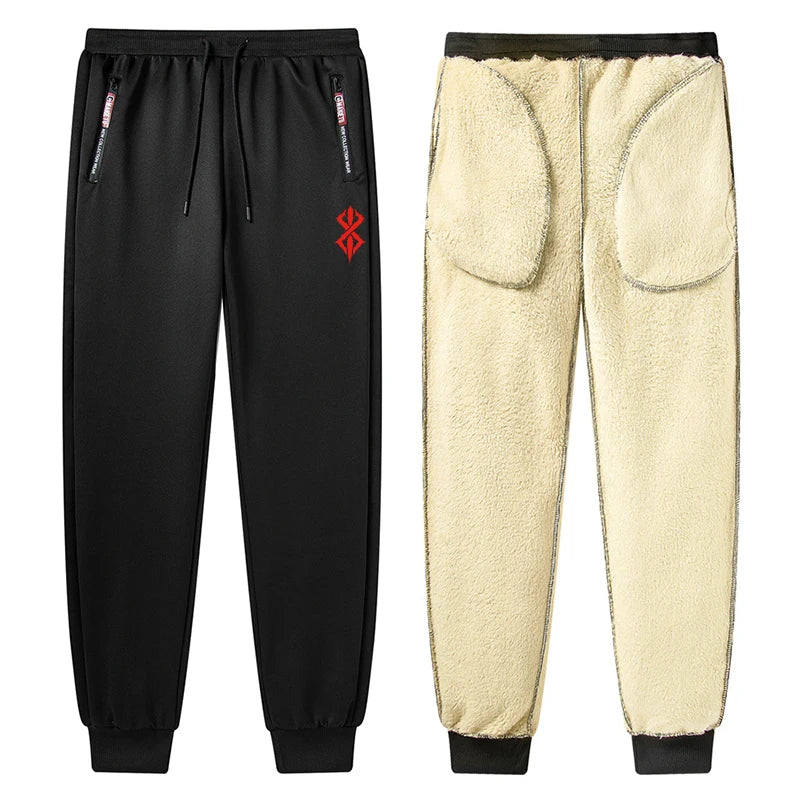 Graphic Print Thermal Plush Jogger Pants for Men Winter Sherpa Fleece Lined Sweatpants with Zipper Pockets Casual Cozy Trousers